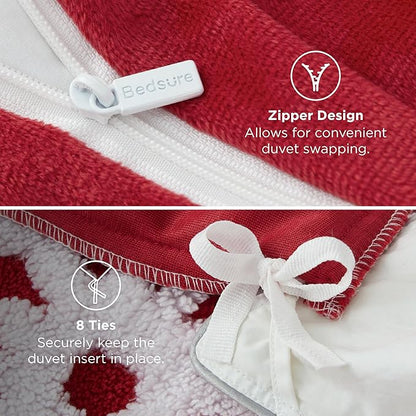 Bedsure Fluffy Christmas Duvet Cover Set - Winter Warm 3 Pieces King Size Ultra Soft Plush Shaggy Bedding Set with Bell Candy Sticks Patten,Red