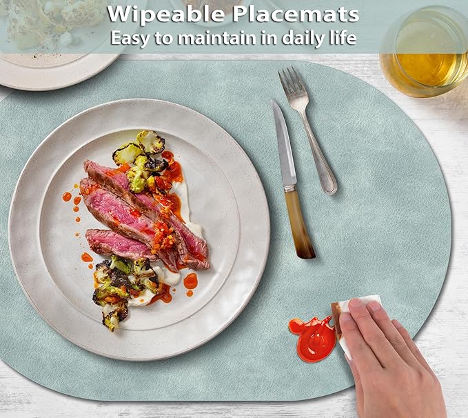 ADRIMER Placemats, Heat Resistant Oval Placemats Set of 8 Washable 12 x 17 Inch, Waterproof Table Mats, Wipeable Pu Place Mats for Kitchen, Dining Room, Light Blue