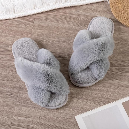Women's Slipper Memory Foam Cross Band Fuzzy Slippers Open Toe Cozy House Slippers Cozy Plush Bedroom Indoor Outdoor