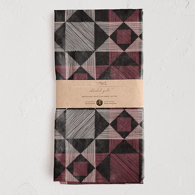 Minted Sketched Quilt Tea Towels Cotton Kitchen Towels Decorative with Hanging Loop Set of 2