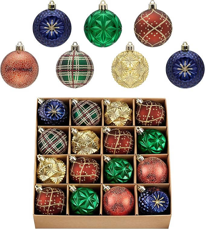 Valery Madelyn Ornaments for Christmas Trees, 16ct 2.36 Inches Red Green and Gold Shatterproof Christmas Tree Decorations, Luxury Hanging Ball Ornaments for Xmas Holiday Party Decor