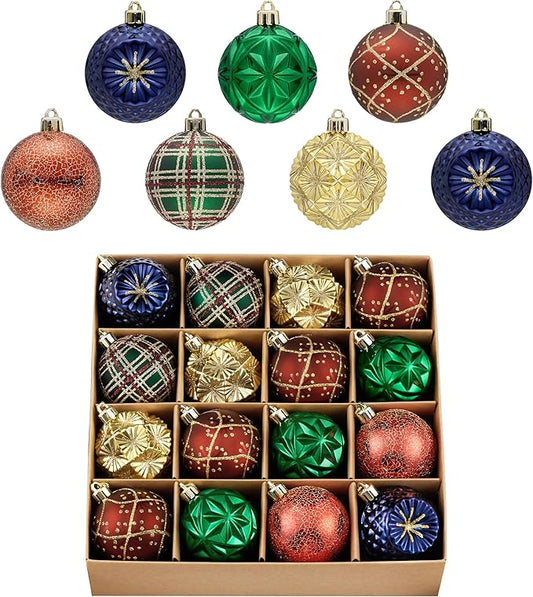 Valery Madelyn Ornaments for Christmas Trees, 16ct 2.36 Inches Red Green and Gold Shatterproof Christmas Tree Decorations, Luxury Hanging Ball Ornaments for Xmas Holiday Party Decor