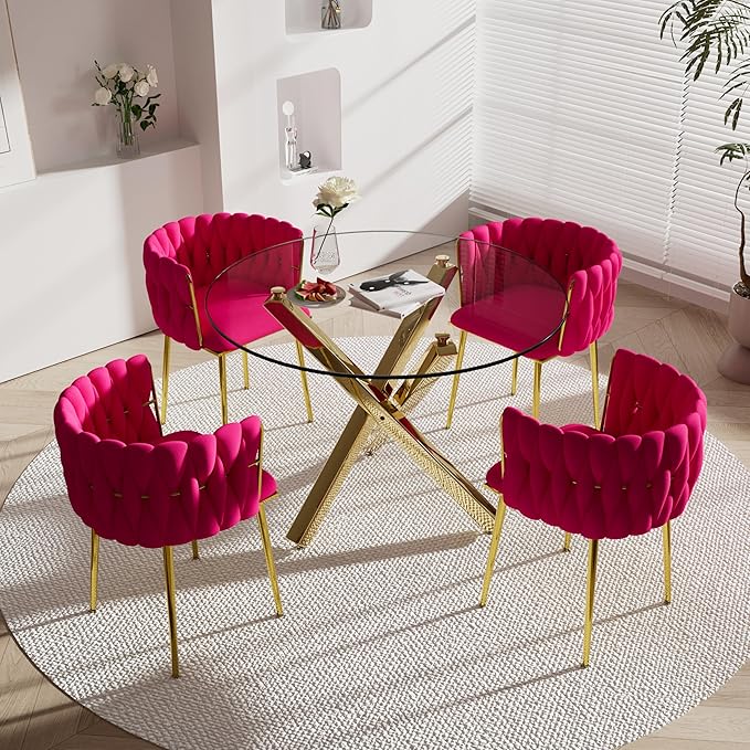 Golden Round Dining Table Set for 4, 39'' Clear Glass Top Dinner Table Set, 5 Piece Modern Luxury Circle Kitchen Table and Rose Red Woven Chairs Set, Small Circular Dinette Set, for Apartment