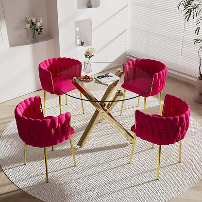 Golden Round Dining Table Set for 4, 39'' Clear Glass Top Dinner Table Set, 5 Piece Modern Luxury Circle Kitchen Table and Rose Red Woven Chairs Set, Small Circular Dinette Set, for Apartment