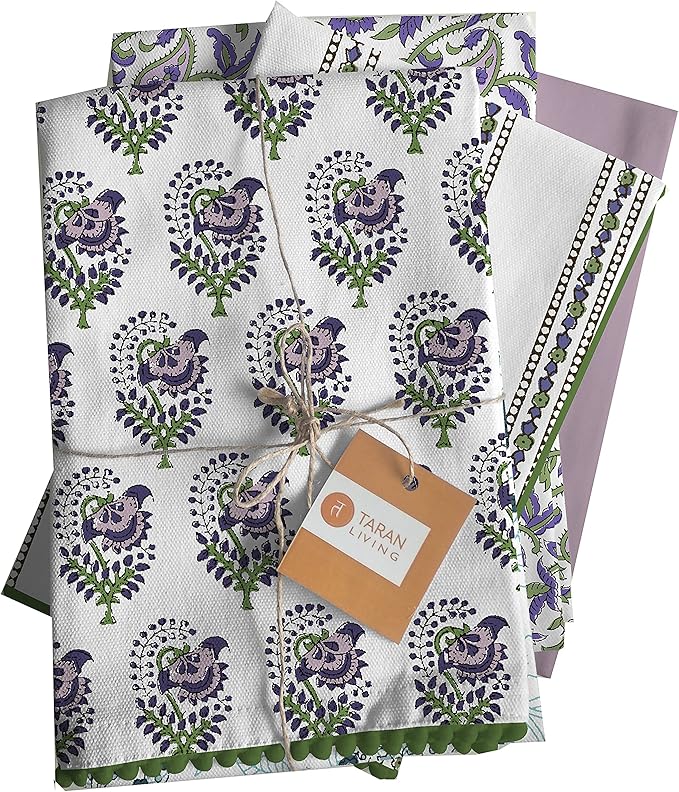 TARAN LIVING Printed Kitchen Dish Bar and Tea Towels Cotton, 18x28 inch with Trims, Cotton Dish Towel Sets (White & Purple, Set of 4)
