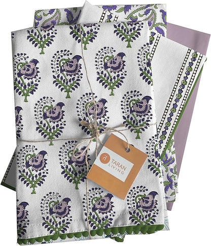 TARAN LIVING Printed Kitchen Dish Bar and Tea Towels Cotton, 18x28 inch with Trims, Cotton Dish Towel Sets (White & Purple, Set of 4)
