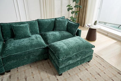 SoarFlash 143.2" Chenille Sectional Sofa, Comfy L Shaped Modular Coush Sofa with Ottoman, Modern 4 Seat Couch Deep Seat Sofa Set for Living Room,Green