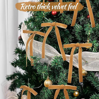 AYGXU 30pcs Velvet Bows for Christmas Tree Decorations,Twist tie Bows,Vintage Christmas Bow Decor,premade Bow for Gift Wrapping,Table,Garland,Fireplace Decor.Khaki(5/8" W,5.1 * 7in)