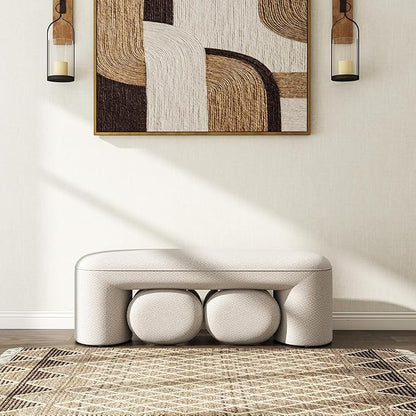3-Piece Nesting Upholstered Bench with 2 Stools, 53" Chenille Accent Chair Waterfall Bench Modern End of Bed Entryway Bench Bedroom Bench for Living Room Vanity, White, No Need to Install