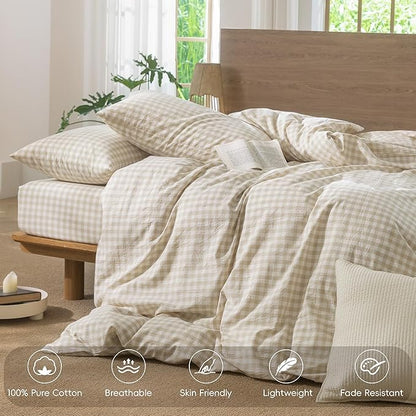 MooMee Gingham Duvet Cover Set 100% Washed Cotton Linen Like Textured Breathable Durable Soft Comfy Modern Checkered Design (Almond Milk Grey Gingham, Super Queen 90"x98")