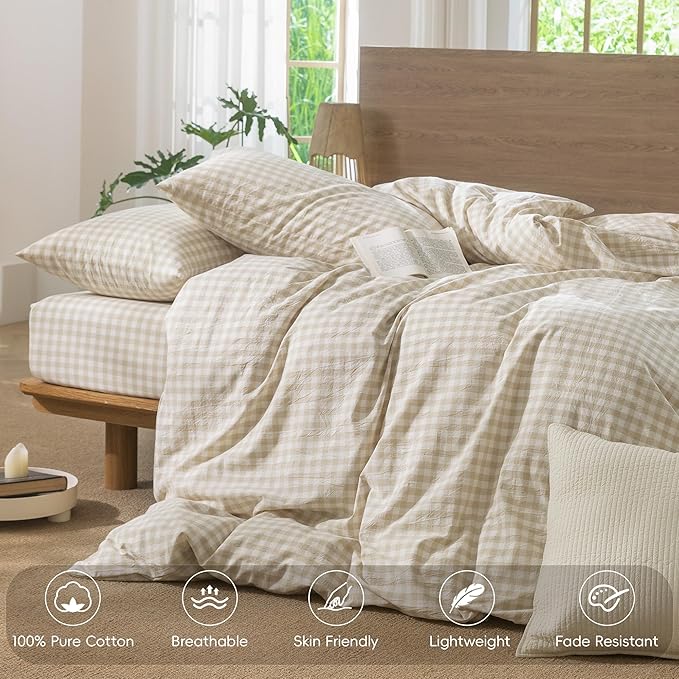 MooMee Gingham Duvet Cover Set 100% Washed Cotton Linen Like Textured Breathable Durable Soft Comfy Modern Checkered Design (Almond Milk Grey Gingham, Palatial King/Oversized King 120"x98")
