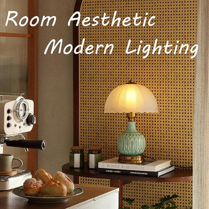 Vintage Lamp for Living Room,16" Modern Ceramic Table Lamps for Bedroom,Retro Bedside Nightstand Traditional Lamps, Classic Chinoiserie Green Lamp for Home Decor (LD002)