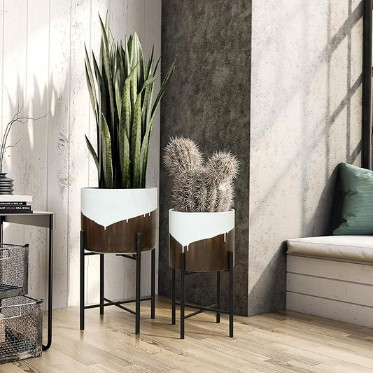 LuxenHome Modern Planter Pots, Set of 2 Planters for Indoor Plants, White and Brown Large Planters with Black Metal Stand, Flower Pots for Living Room, Office, Garden or Balcony, 10.25 & 12.5 Inch