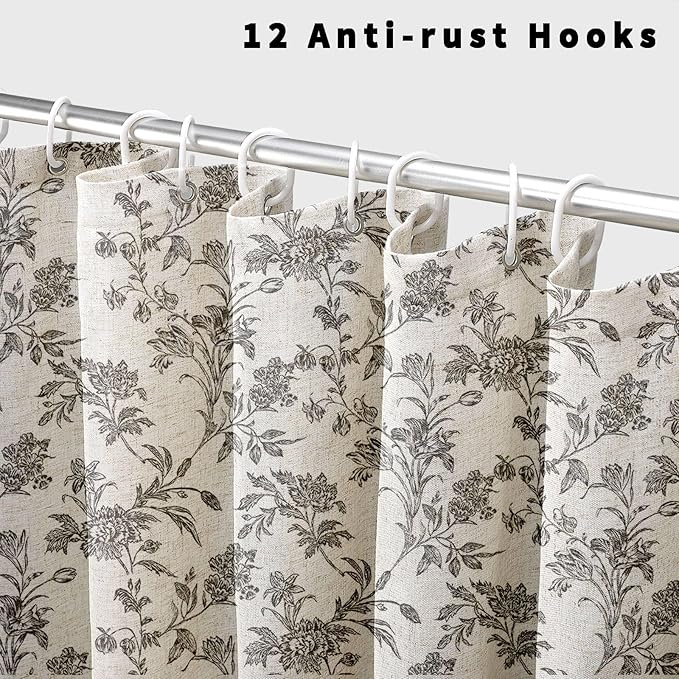 Black Shower Curtain Floral Cotton Linen Cottagecore Shower Curtain for Bathroom 72" W x 90" L