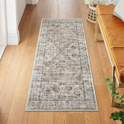 Uphome Bathroom Runner Rug, Distressed Tribal Farmhouse Khaki Bathroom Mat, Large Bathroom Rugs Non Slip Washable, Oriental Retro Boho Bath Mat Runner for Bathtub Sink Hallway, 24x59 inch