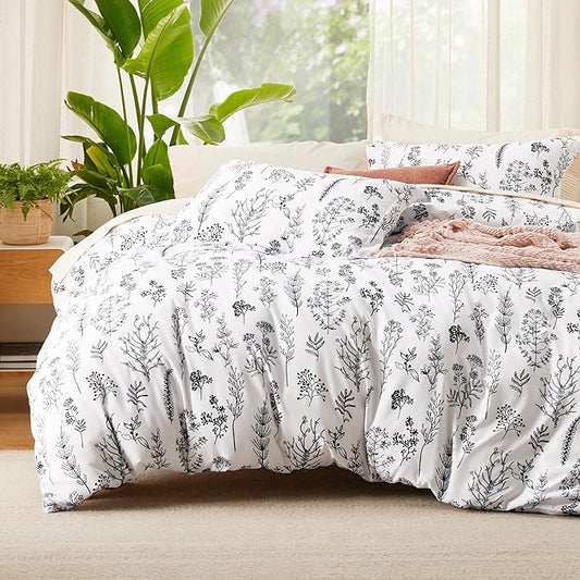 Bedsure Queen Comforter Set - Bright White Bed Set, 3 Pieces Cute Floral Bedding, 1 Soft Reversible Botanical Flowers Comforter and 2 Pillow Shams