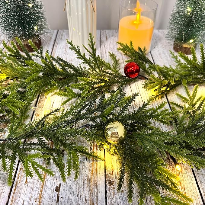 6 FT Artificial Christmas Pine Garland, Battery Operated 20 Warm Lights with Timer, Faux Greenery Spruce with Red Gold Ornaments and Stars, Holiday Decoration for Mantel Stair Doorway