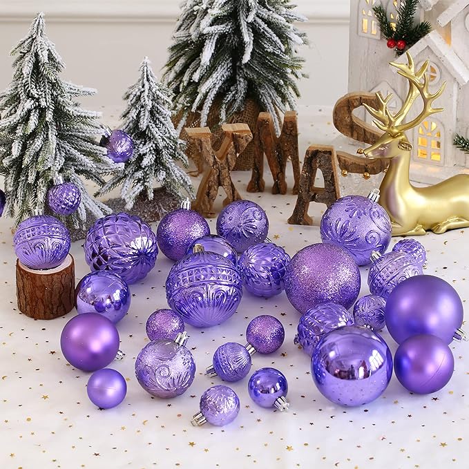 Christmas Ball Ornaments Light Purple Christmas Tree Decorations with Hang Rope-36pcs Shatterproof Christmas Ornaments Set with 6 Styles in 3 Sizes(Small Medium Large)