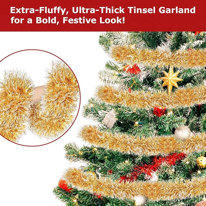 50ft Gold White Christmas Tinsel Garland Xmas Tree Garland Decorations Metallic Tinsel Glitter Twist Garlands Hanging Streamers for Indoor Holiday Decor