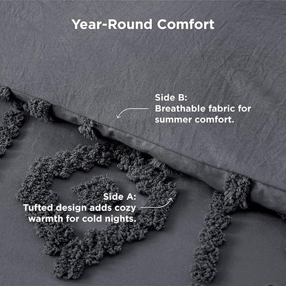 Bedsure King Size Comforter Set - Dark Grey Tufted Boho Bed Set, Farmhouse Shabby Chic Embroidery Bedding for All Seasons, 3 Pieces, 1 Soft Jacquard King Comforter and 2 Pillow Shams