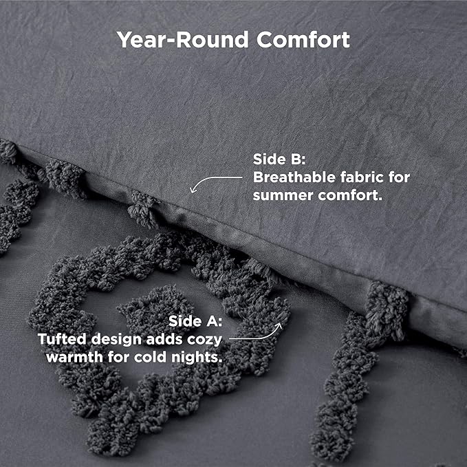 Bedsure Queen Size Comforter Set - Dark Grey Tufted Boho Bed Set, Farmhouse Shabby Chic Embroidery Bedding for All Seasons, 3 Pieces, 1 Soft Jacquard Queen Comforter and 2 Pillow Shams