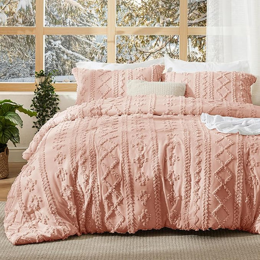 Bedsure Tufted Boho Comforter Set Twin Size - Pink Boho Bed Set, GentleSoft™ 2 Pieces Farmhouse Shabby Chic Embroidery Bedding, Gifts for Woman, Soft Jacquard Twin Comforter for All Seasons