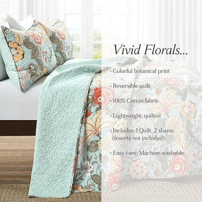 Lush Decor Sydney Reversible Cotton Quilt Set King 3 Piece Bedding, Blue Green