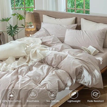 MooMee Striped Duvet Cover Set 100% Washed Cotton Linen Like Textured Breathable Durable Soft Comfy (Orange Pinstripes, Twin 68"x90")