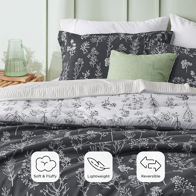 Bedsure Queen Comforter Set - Dark Grey Bed Set, 3 Pieces Cute Floral Bedding, 1 Soft Reversible Botanical Flowers Comforter and 2 Pillow Shams