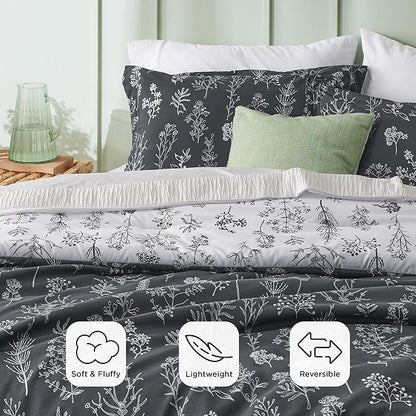 Bedsure Twin/Twin XL Comforter Set - Dark Grey Bed Set, 2 Pieces Cute Floral Bedding, 1 Soft Reversible Botanical Flowers Comforter and 1 Pillow Sham