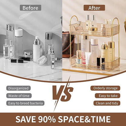 2 Tier Bathroom Organizer Countertop Makeup Perfume Skincare Organizer for Bathroom Dresser Vanity (Gold)