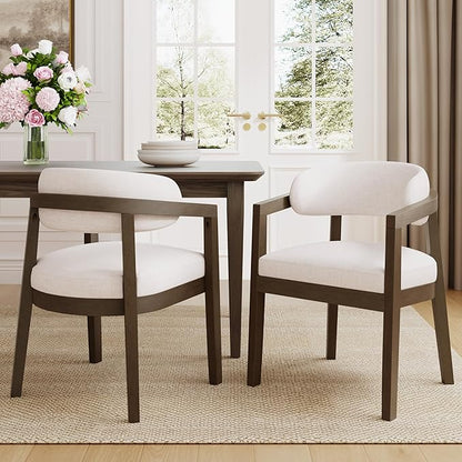 Christopher Knight Home Set of 2 Lanford Fabric Upholstered Dining Chairs, Curved Backrest Kitchen Side Chair, Soft Padded Seat&Back Cushion, Solid Wood Armchair, Ergonomic Extra Seat, Beige+Walnut