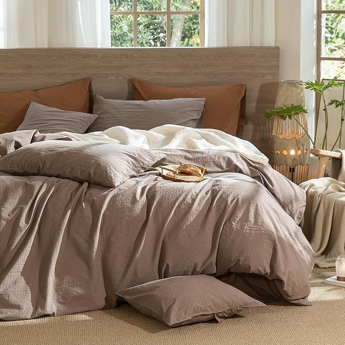 MooMee Wavy Striped Duvet Cover Set 100% Washed Cotton Linen Like Textured Breathable Durable Soft Comfy (Brown, Twin 68"x90")