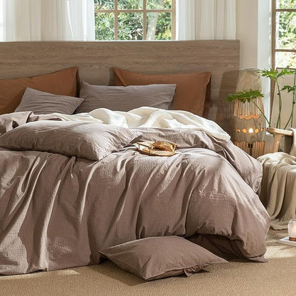 MooMee Wavy Striped Duvet Cover Set 100% Washed Cotton Linen Like Textured Breathable Durable Soft Comfy (Brown, Oversized Queen 98"x98")