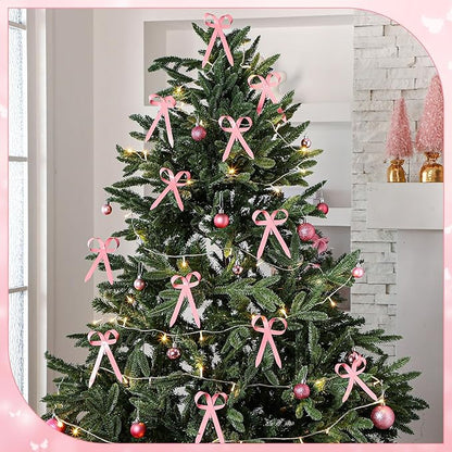 12 Pcs 2025 Metal Christmas Bow Ornaments for Christmas Tree Garland Wreath Bulk Bow with Clip Ornament Vintage Indoor Outdoor Home Xmas Party Decorations, 4 x 5 Inches (Pink)