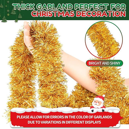 50 Ft Christmas Tinsel Garland Gold Thick Tinsel Garland Xmas Tree Decorations Metallic Tinsel Twist Garland for Christmas, Birthday, Party Decor Indoor Outdoor Party Supplies