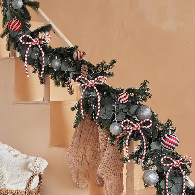 FLAIR GIFTS 6 Pcs 4.3" x 6" 2025 Christmas Bows for Tree Decor, Candy Cane Sparkly Glitter Rhinestone Bow Ornaments with Twist Tie for Xmas Decoration, Wreath, Garland, Gift Wrapping