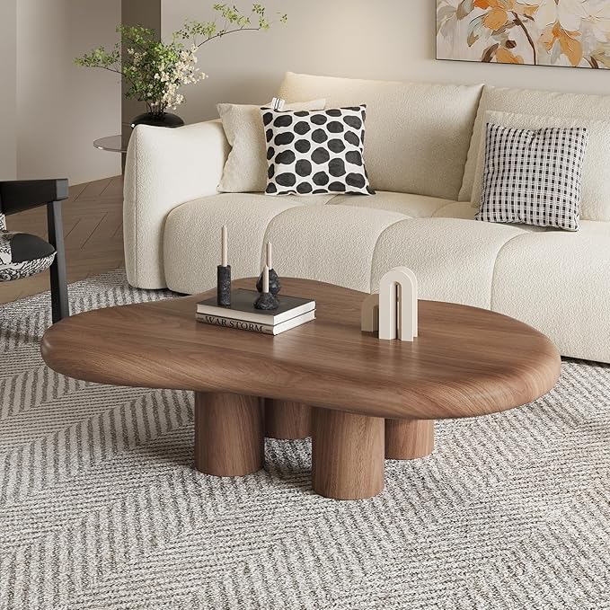 48.42" Modern Cloud Coffee Table for Living Room, Dark Brown Wood Coffee Table with 4 Sturdy Legs, Mid-Century Modern Tea Table Living Room Table for Home Office