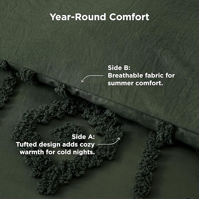 Bedsure Queen Size Comforter Set - Dark Green Tufted Boho Bed Set, Farmhouse Shabby Chic Embroidery Bedding for All Seasons, 3 Pieces, 1 Soft Jacquard Queen Comforter and 2 Pillow Shams