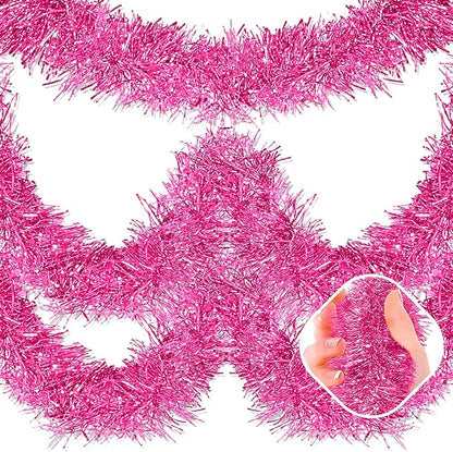 50 Feet Pink Christmas Tinsel Garland, Metallic Foil Twist Garland Wall Hanging Tinsel Banner Backdrop for Parade Floats, Easter, Mother's Day, Wedding Party Decorations (2in x 50ft)