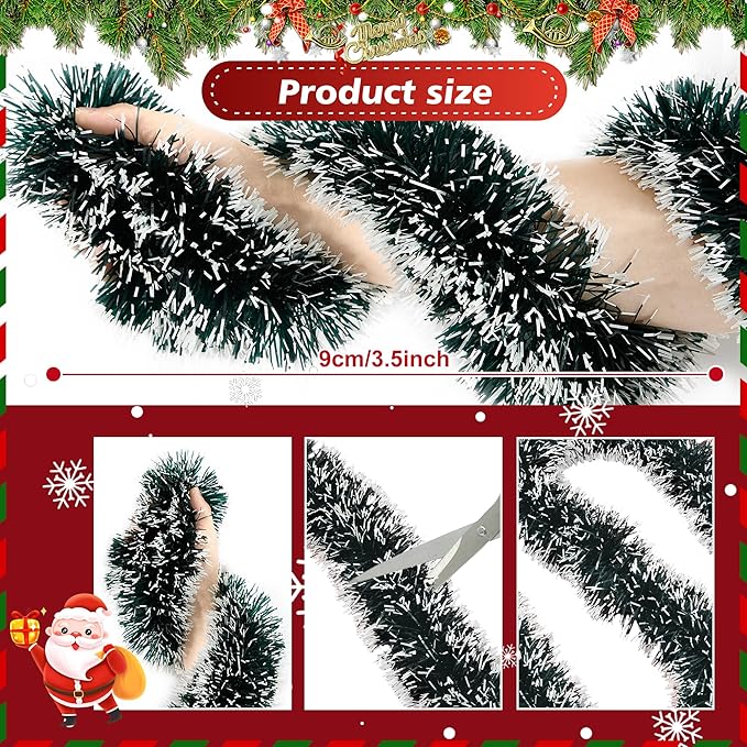 50FT Tinsel Christmas Garland Metallic Twist Garland Shiny Hanging Tinsel for Christmas Tree Party Supplies Indoor Outdoor Home Xmas Decoration (Green/White)