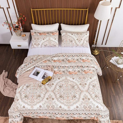 CLOTHKNOW Pumpkin White Floral Queen Comforter Set 3Pcs Botanical Bedding Comforter Sets Boho Comforter Pumpkin Comforter Queen with 2 x Pillow Cases