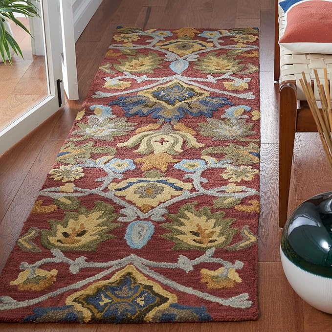 SAFAVIEH Blossom Collection Runner Rug - 2'3" x 6', Red & Multi, Handmade French Country Floral Wool, Ideal for High Traffic Areas in Living Room, Bedroom (BLM402Q)