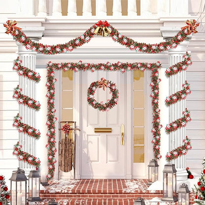 50FT Red Green Christmas Tinsel Garland with Santa Claus Ornaments, Metallic Twist Shiny Xmas Garland for Tree Decorations Fireplace Mantel Home Office Stair Party Outdoor Indoor Holiday Decor
