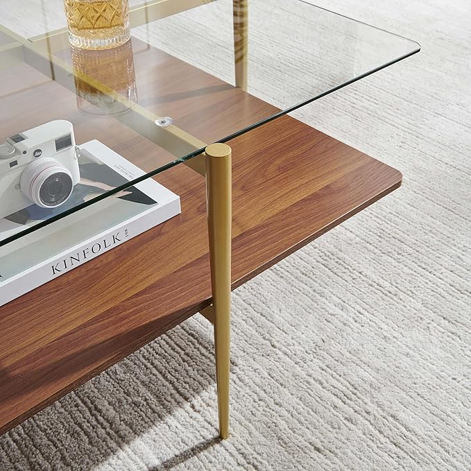 X-Large Oval Glass Coffee Table, Mid-Century Modern Design, L47 x W24 x H17 inch, for Living Room, Clear Glass Top and Walnut Finish Wood Shelf, Conical Legs with Gold Finish Frame