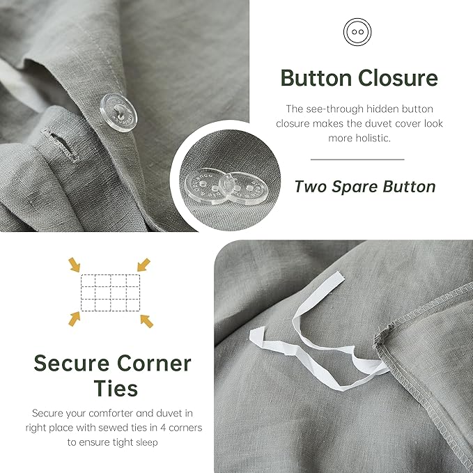Simple&Opulence 100% Linen Duvet Cover Set 2pcs Natural French Basic Style Washed Flax Solid Color Breathable Soft Farmhouse Bedding with Button Closure (Ultimate Grey, Twin)