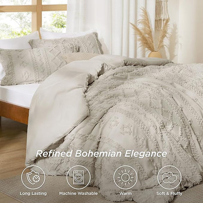 Bedsure Tufted Boho Comforter Set Oversized Queen - Linen Boho Bed Set, GentleSoft™ 3 Pieces Farmhouse Shabby Chic Embroidery Bedding, Gifts for Woman, Soft Jacquard Comforter for All Seasons