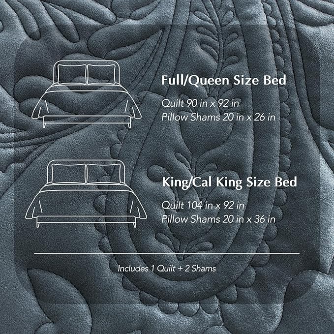 EVERGRACE Luxury Pearl Velvet Quilt Set King Size 3 Pieces, Soft Paisley-Stitch Velvet Comforter Set with Pillow Shams, Lightweight Bedspread Coverlet Bedding Set, Stormy Blue