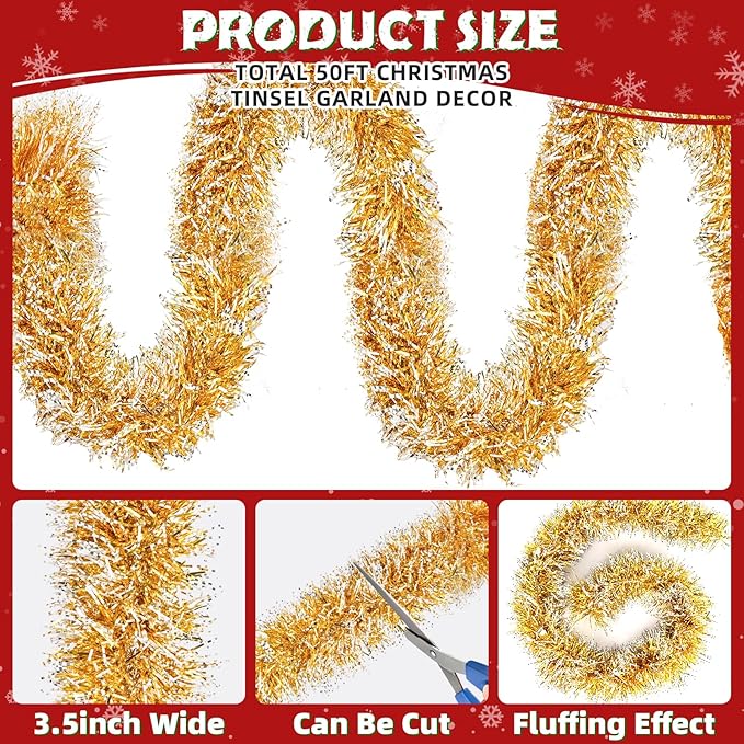50ft Gold White Christmas Tinsel Garland Xmas Tree Garland Decorations Metallic Tinsel Glitter Twist Garlands Hanging Streamers for Indoor Holiday Decor