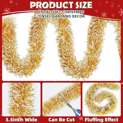 50ft Gold White Christmas Tinsel Garland Xmas Tree Garland Decorations Metallic Tinsel Glitter Twist Garlands Hanging Streamers for Indoor Holiday Decor